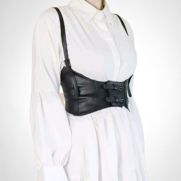 Womens Corset black vegan leather harness buckle suspenders steampunk waist belt - Picture 6 of 17